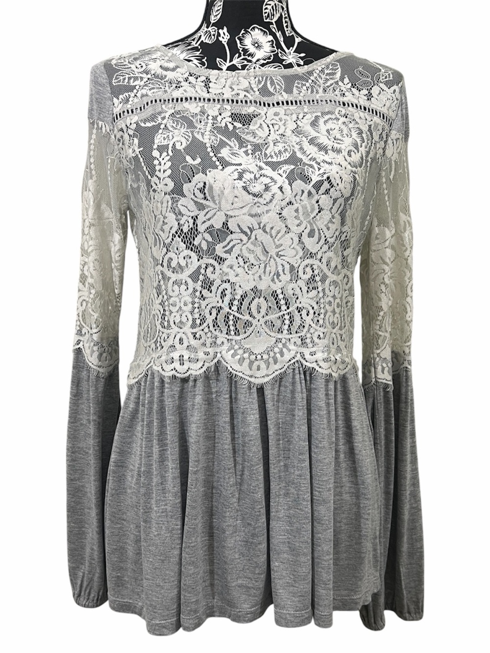 VENUS Gray Lace Top‎ with White Floral Netting